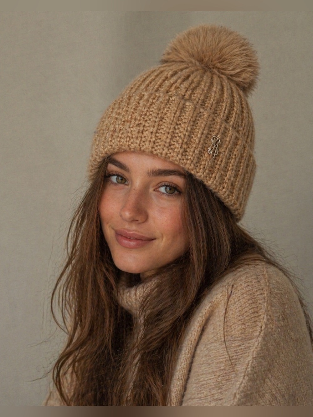 Brown beige pompon hat
